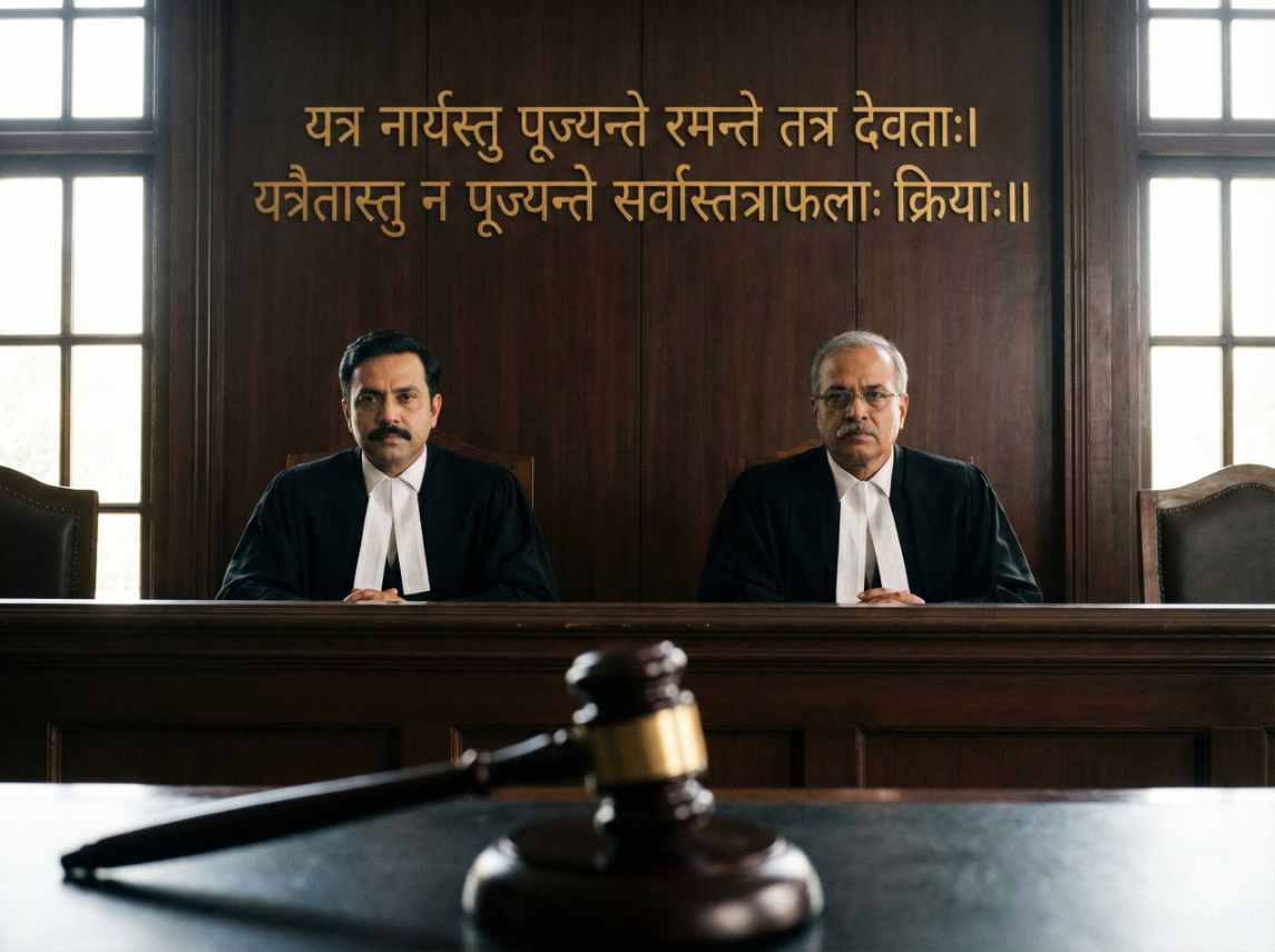 फैसले में कोर्ट ने संस्कृत श्लोक यत्र नार्यस्तु पूज्यन्ते... का उल्लेख करते हुए कहा कि महिलाओं और बच्चों की गरिमा के साथ कोई समझौता नहीं किया जा सकता। (इमेज सोर्स- AI जनरेटेड)