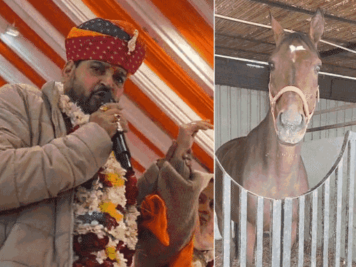 Brijbhushan Singh introducing Sangeeta Chauhan. Horse brought from London.