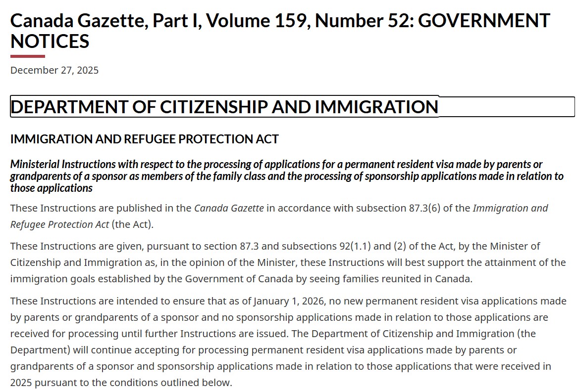 કેનેડા સરકારનું ગેઝેટ જેમાં વૃદ્ધોને PR આપવા પર હાલ પૂરતો પ્રતિબંધ મૂકવામાં આવ્યો છે.