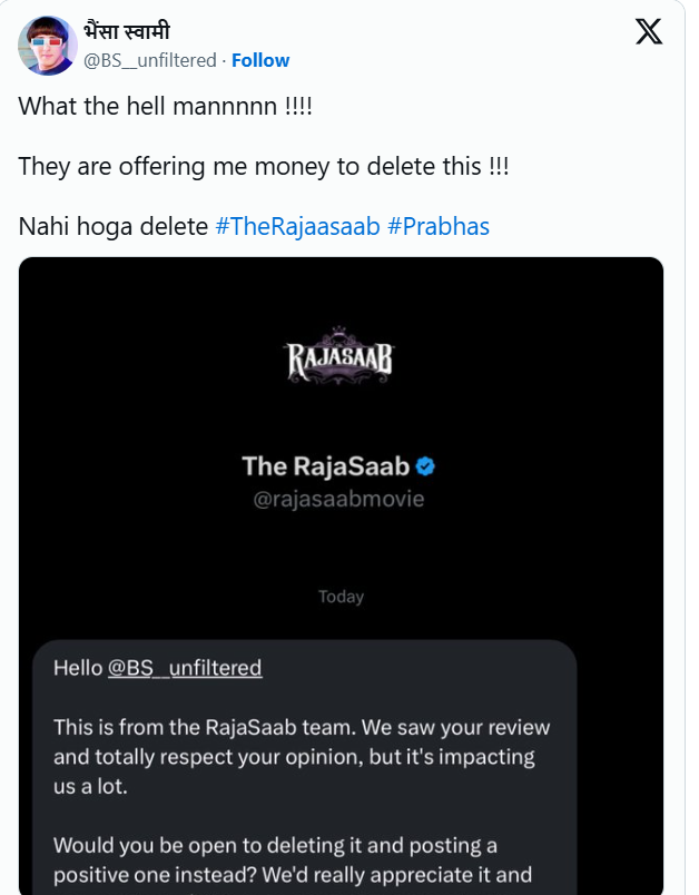 'द राजा साब' के मेकर्स पर गंभीर आरोप, यूजर का दावा- निगेटिव रिव्यू हटाने के लिए ऑफर किए रुपये