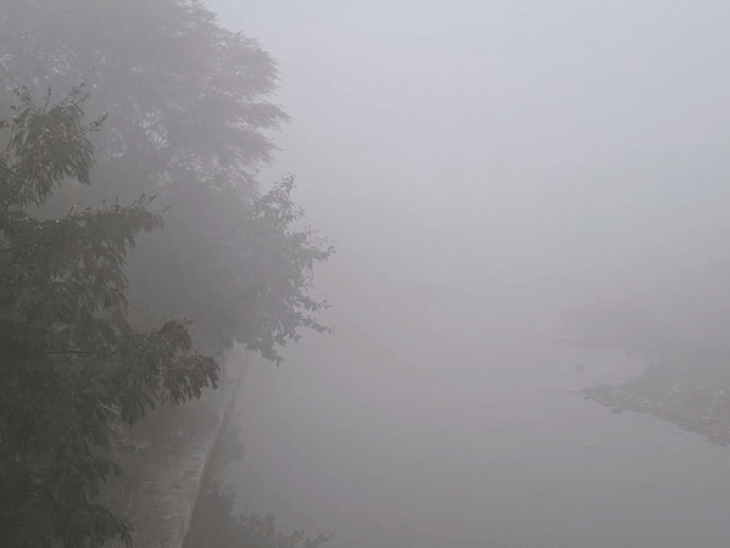 उदयपुर की आयड़ नदी किनारे छाया घना कोहरा।