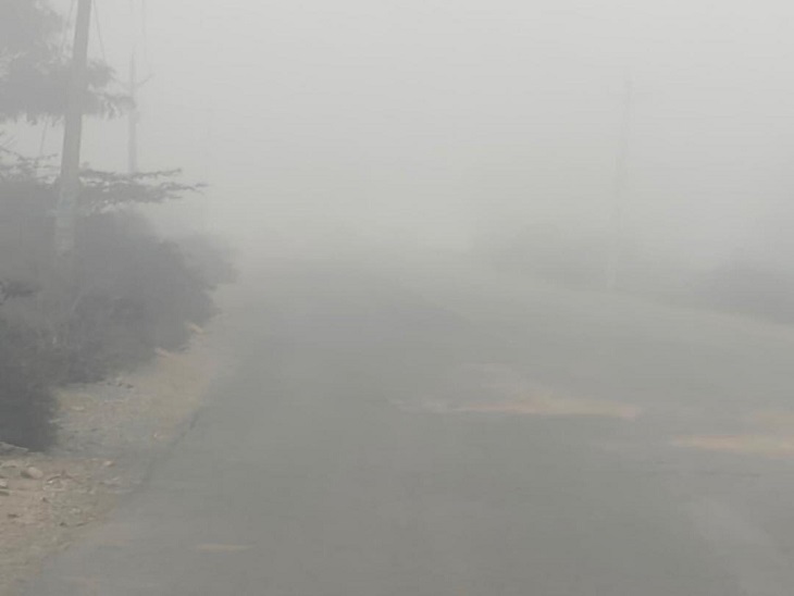 उदयपुर-सलूंबर रोड पर सुबह से छाया कोहरा।
