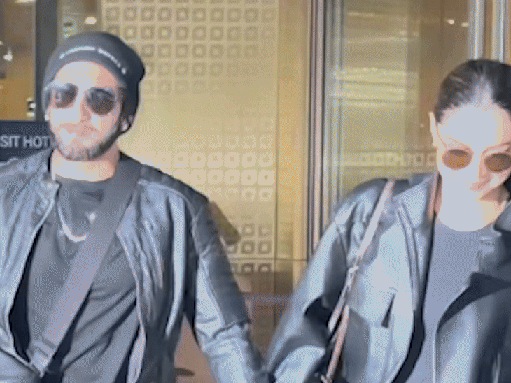 રણવીર-દીપિકાએ વેકેશનથી પાછા ફરતી વખતે ટ્વિનિંગ કર્યું હતું. કપલે બ્લેક લેધર જેકેટ સાથે ડાર્ક ગ્લાસિસ પહેર્યા હતા.