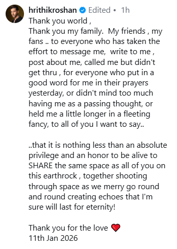 હૃતિકે પરિવાર, મિત્રો અને ચાહકો માટે હૃદયસ્પર્શી મેસેજ લખ્યો.