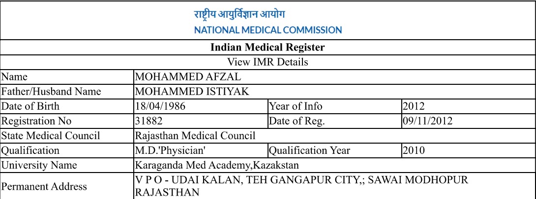 मोहम्मद अफजल ने आरएमसी में 31882 नंबर से रजिस्ट्रेशन कराया था।