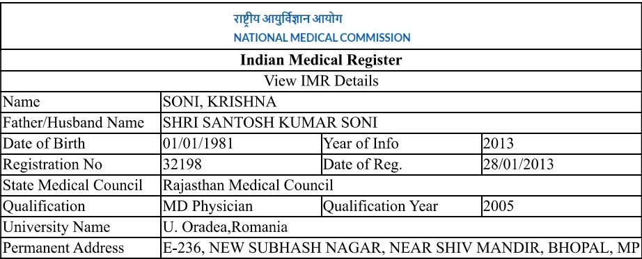 कृष्णा सोनी ने 2005 में रोमानिया से एमडी करना बताया था।