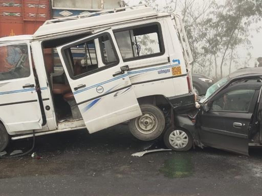 The school van damaged in the accident in Gurdaspur.