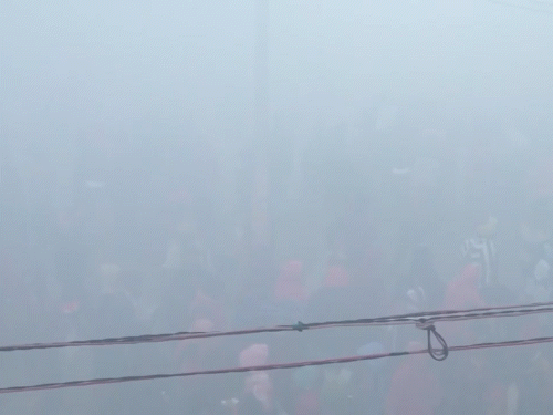 प्रयागराज में संगम के पास घना कोहरा छाने से विजिबिलिटी बेहद कम रही।