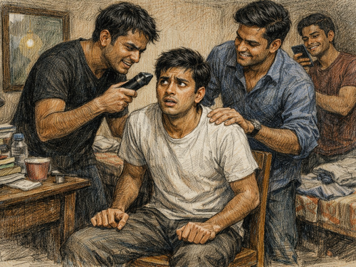 युवक का आरोप है की सीनियर्स ने जबरन बाल ट्रिम किए, एआई जनरेटेड फोटो।