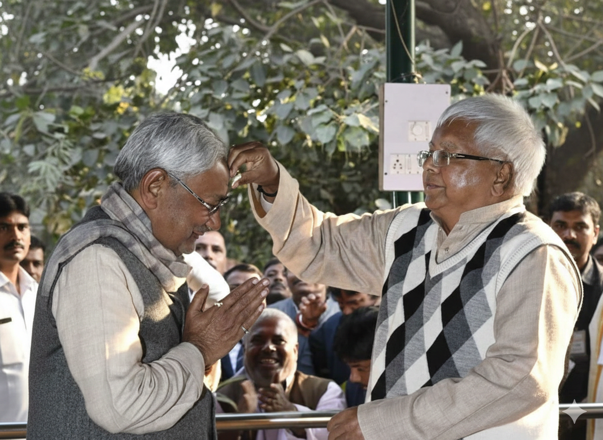 2017 में मकर संक्रांति के अवसर पर भोज खाने घर आए नीतीश कुमार के माथे पर लालू यादव ने दही का टीका लगाया था। (फाइल फोटो)