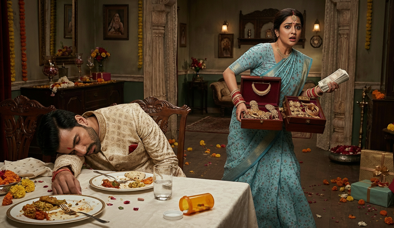 शिवपाल ने बताया- खाने में उषा ने कोई नशीला पदार्थ मिला दिया था। सुबह वह उठा तो अलमारी देखी तो उसमें रखे 2 लाख रुपए और जेवरात गायब मिले। फोटो सोर्स: एआई जेनरेटेड।