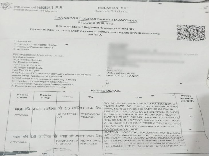 सिटी बसों के संचालन को लेकर जारी किया गया परमिट जिसमें एक बस का रूट खोखरिया ढाणी से न्यू पॉवर हाउस तक ही है।