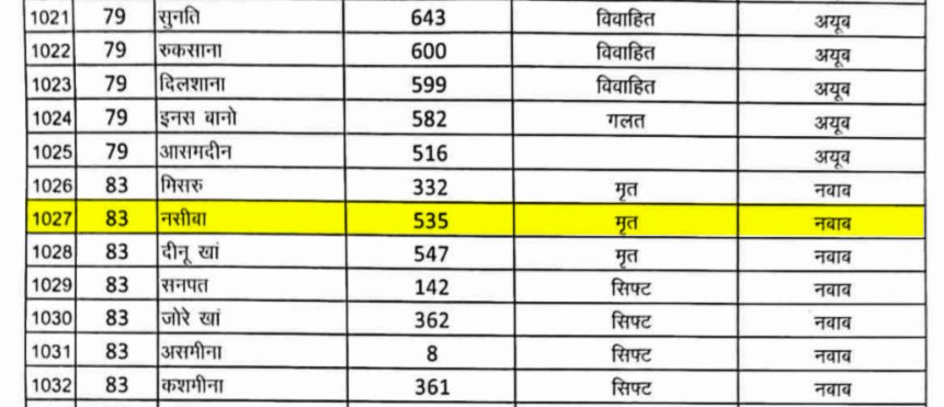 लिस्ट में नसीबा के नाम के आगे मृत लिखा है।