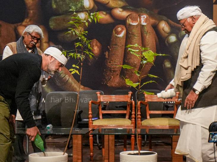 मजदूर देशभर से जो मिट्टी अपने साथ लाए थे, उसे पौधों में डाला।