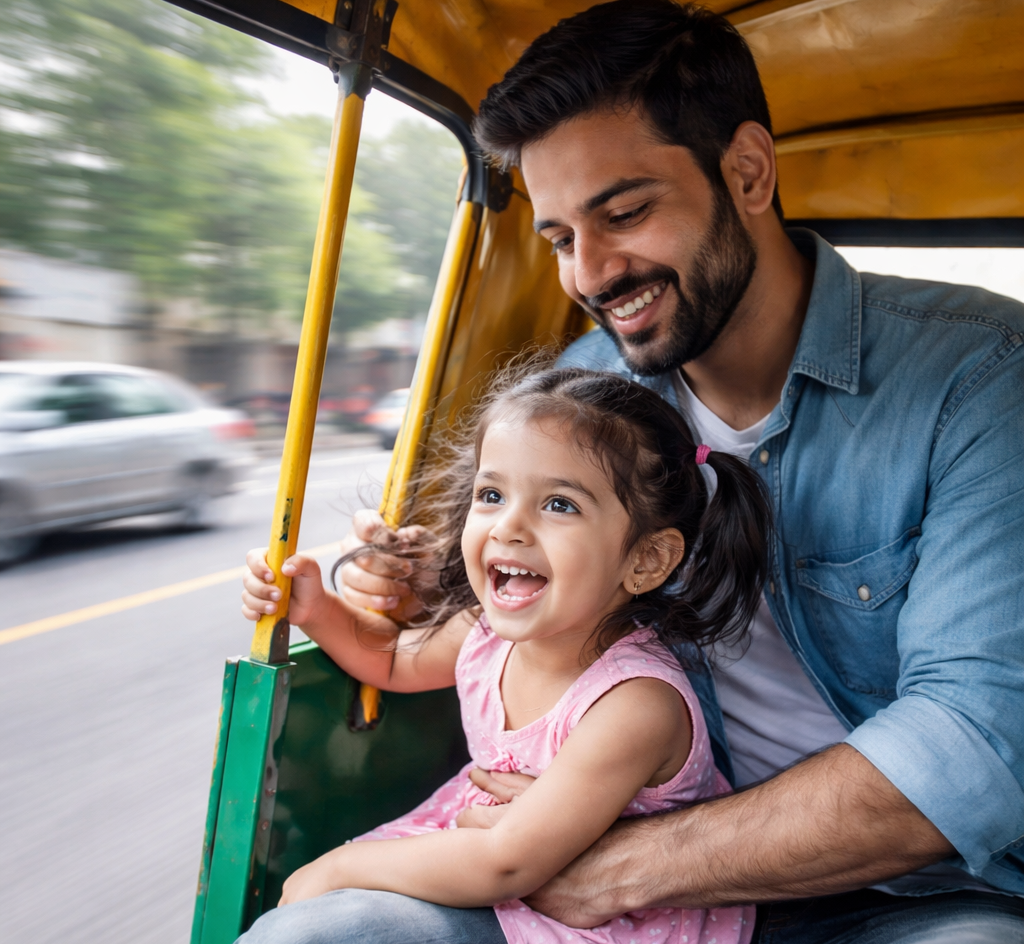 पिता के साथ बेटी ऑटोरिक्शा में बैठकर जा रही थी। ड्राइवर के मोड़ पर ओवर स्पीड में टर्न लेते समय ऑटोरिक्शा से नीचे रोड पर गिर गई थी। फोटो सोर्स: एआई जेनरेटेड।
