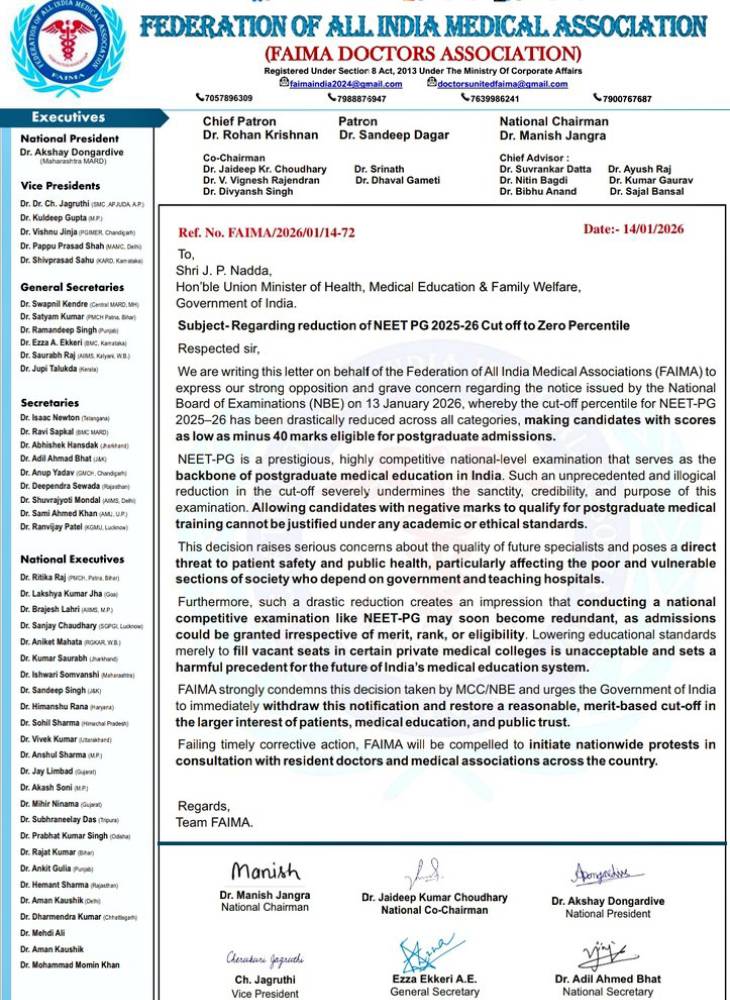 कट-ऑफ रिवीजन के बाद FAIMA ने हेल्थ मिनिस्ट्री को लेटर लिखा था कि कट-ऑफ को ऐसे 'अतार्किक' तरीके से कम करना इस एग्जाम की क्रेडिबिलिटी पर ही सवाल उठाता है।