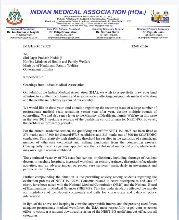 12 जनवरी को IMA ने कट-ऑफ घटाने के लिए केंद्रीय स्वास्थ्य मंत्रालय को चिट्ठी लिखी थी।