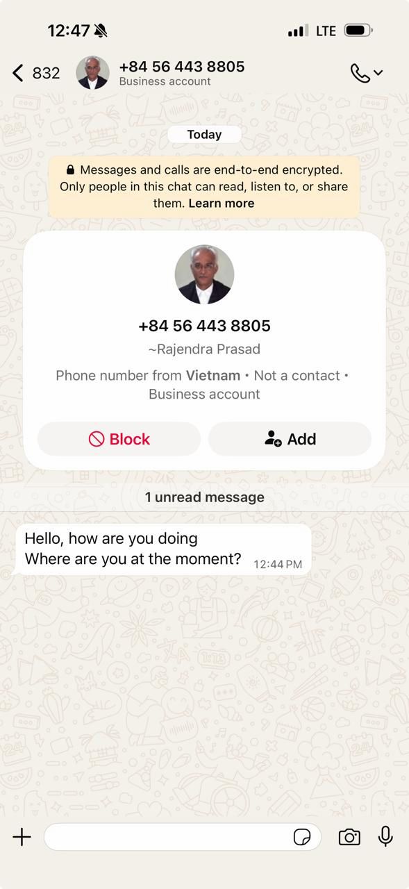 AAG के वॉट्सऐप पर आए मैसेज का स्क्रीनशॉट। इसी को फॉरवर्ड कर एडवोकेट जनरल सभी परिचितों को अलर्ट रहने की सलाह दे रहे हैं।