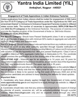यंत्र इंडिया लिमिटेड 3,979 पदों पर भर्ती का शॉर्ट नोटिफिकेशन
