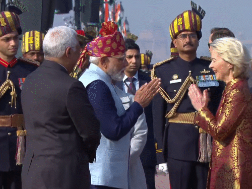 पीएम मोदी ने मुख्य अतिथि यूरोपीय आयोग की अध्यक्ष उर्सुला वॉन डेर लेयेन का स्वागत किया।