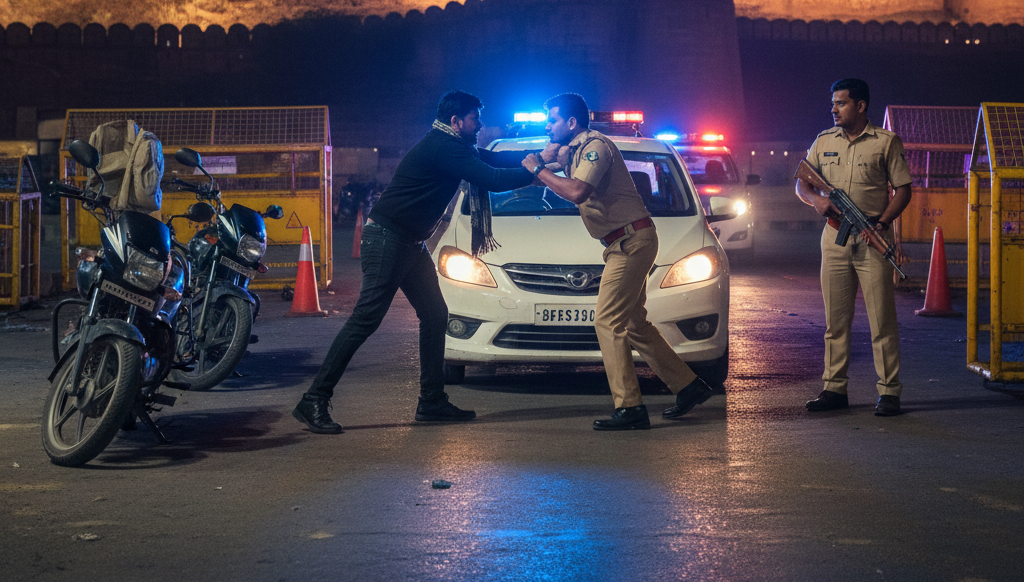 घटना के बाद कार ड्राइवर ने अपने साथियों को बुलाया। इस पर बाइक सवार कुछ युवक आए और पुलिस कॉन्स्टेबल को धमकी देने लगे। फोटो सोर्स: एआई जेनरेटेड।