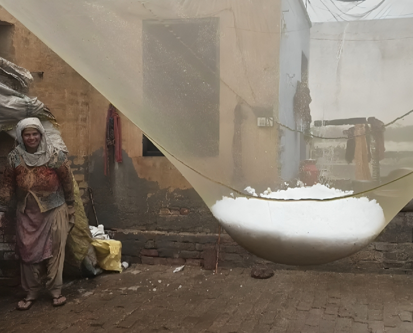 हिसार के उकलाना में मच्छरदानी में इकट्ठा हुए ओले।