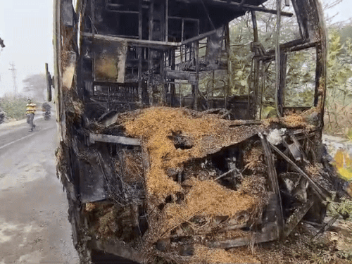 आग लगने के बाद बस पूरी तरह जल गई। चारा भी अंदर तक देखा गया।