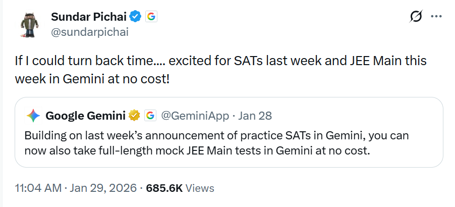 गूगल के CEO सुंदर पिचाई एक्स (X) पर गूगल जेमिनी के ट्वीट को रिट्वीट किया था।