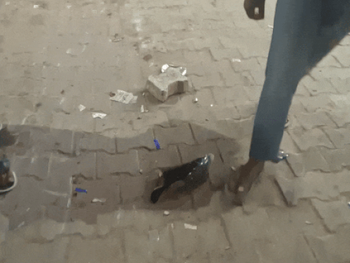 खटीकान प्याऊ पर पुलिस की गाड़ी की टक्कर से टूटे बाइक के पार्ट्स।