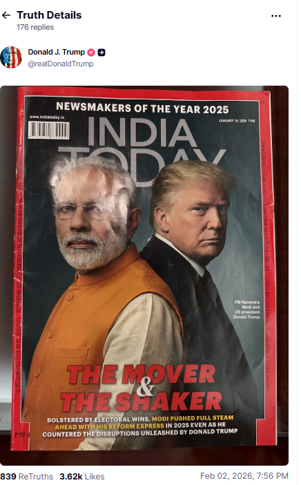 ट्रम्प ने पीएम मोदी के साथ अपने कवर इमेज वाली मैगजीन शेयर की है। ये मैगजीन 19 जनवरी 2026 को पब्लिश हुई थी।