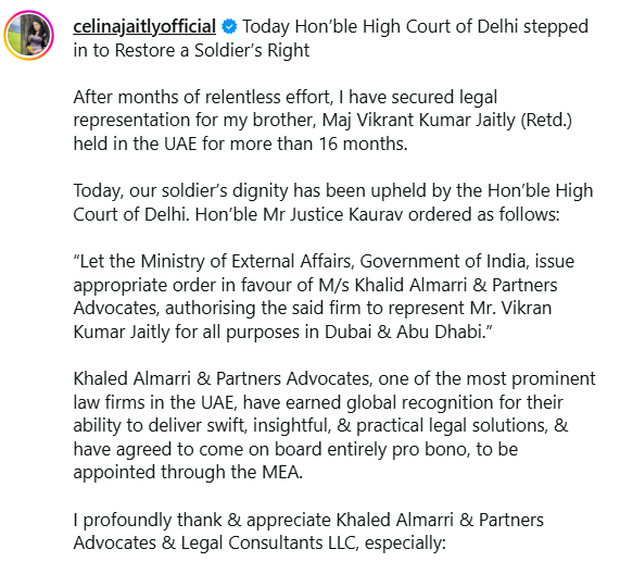 સેલિના જેટલીએ સોશિયલ મીડિયા પર વકીલનો આભાર માન્યો.