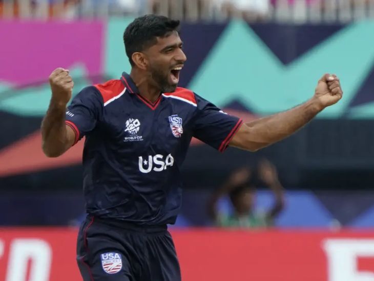 USA के लेफ्ट ऑर्म पेसर सौरभ नेत्रवलकर की यह फोटो 12 जून 2024 की है। उन्होंने पिछले मैच में भारत के रोहित और कोहली को शुरुआती 2 ओवर में पवेलियन भेज दिया था। - Dainik Bhaskar