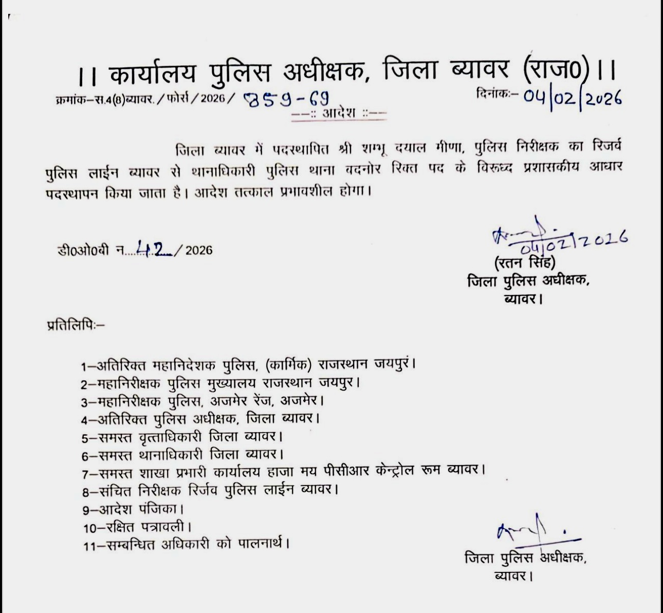 ब्यावर एसपी ने बदनोर एसएचओ को 4 फरवरी को लाइन हाजिर कर दिया।