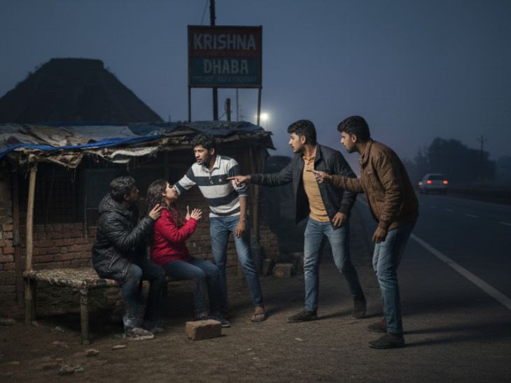 हाईवे किनारे बैठे कपल से छेड़छाड़ करते 3 दोस्तों की तस्वीर। (AI जनरेटेड)