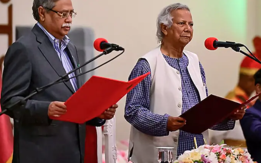 Mohammad Yunus taking oath as interim PM after Sheikh Hasina's coup in August 2024.