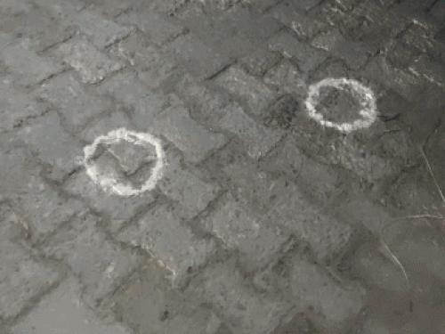 पुलिस मुठभेड़ के बाद गोलियों के खोल मिलने वाले स्थानों पर लगाए निशान।