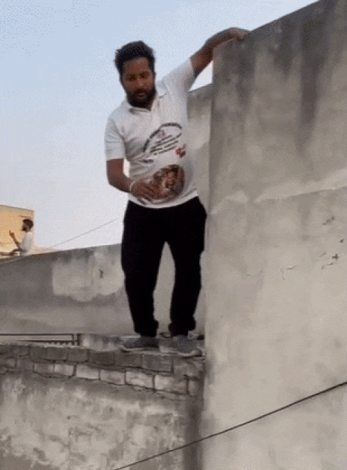 बंदर को पकड़ने के लिए छतों पर कूदते एनजीओ 'रॉकस्टार फैमिली' के संचालक पवन शर्मा।