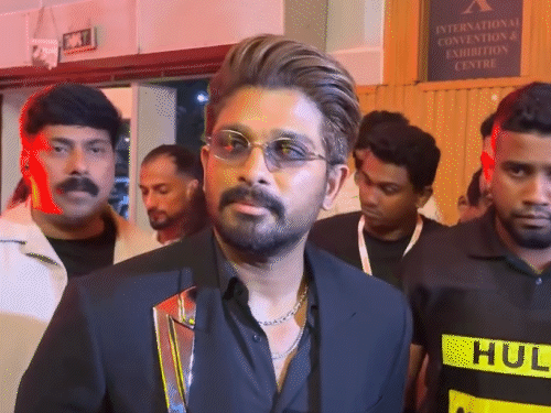 फिल्मफेयर अवॉर्ड्स साउथ के दौरान अल्लू अर्जुन पोज देते हुए।