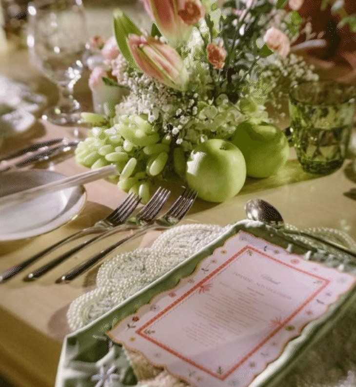 Rashmika Mandanna has shared this photo on her Insta account. This photo is of pre-wedding dinner. The table was decorated on pink-green theme.