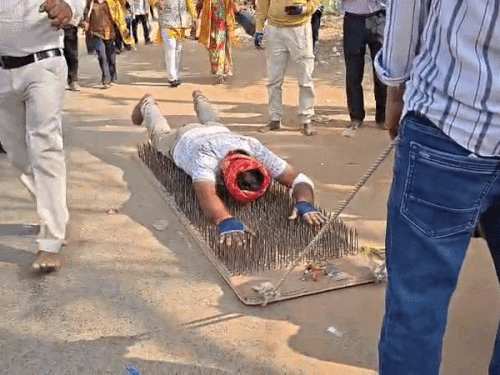 मध्यप्रदेश के मुरैना जिले के सबलगढ़ निवासी सोनू 4 दिनों से 2100 लोहे की कीलों पर पेट पलायन करते हुए रींगस से खाटूश्यामजी की ओर बढ़ रहा है।