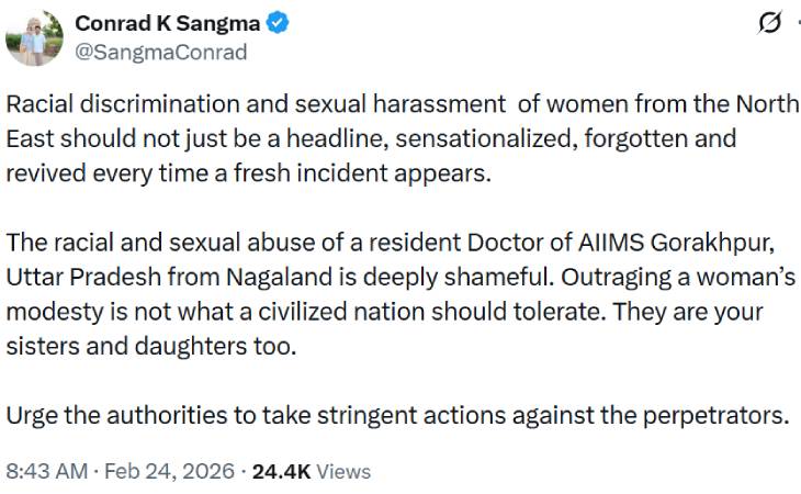 मेघालय के मुख्यमंत्री कोनराड के संगमा ने नॉर्थ ईस्टकी महिलाओं के साथ हुए नस्लीय भेदभाव और सेक्शुअल हैरेसमेंट की घटना को लेकर एतराज जताया।