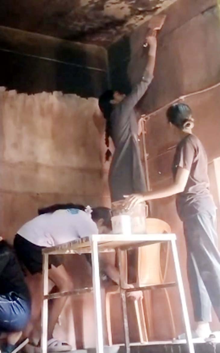 छात्रावास में रंगाई करते हुए बालिकाओं का वीडियो वायरल होने लगा है।