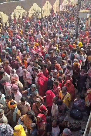 यह वृंदावन परिक्रमा मार्ग का दृश्य है। श्रद्धालु नाचते गाते हुए बांके बिहारी मंदिर पहुंच रहे हैं।