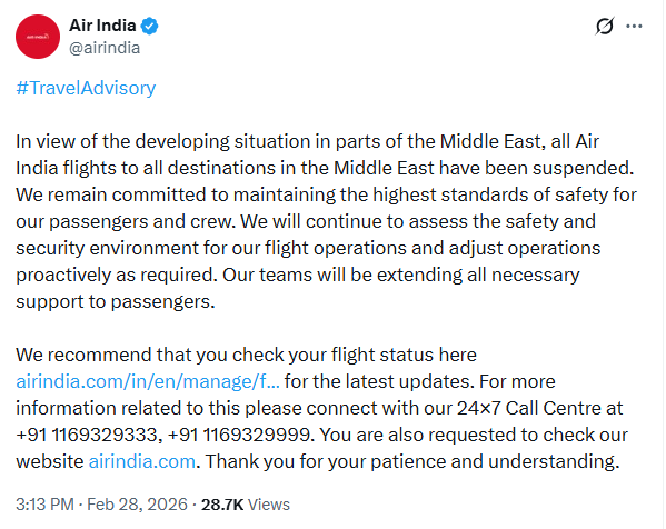 एअर इंडिया ने सोशल मीडिया X पर इसको लेकर जानकारी दी।