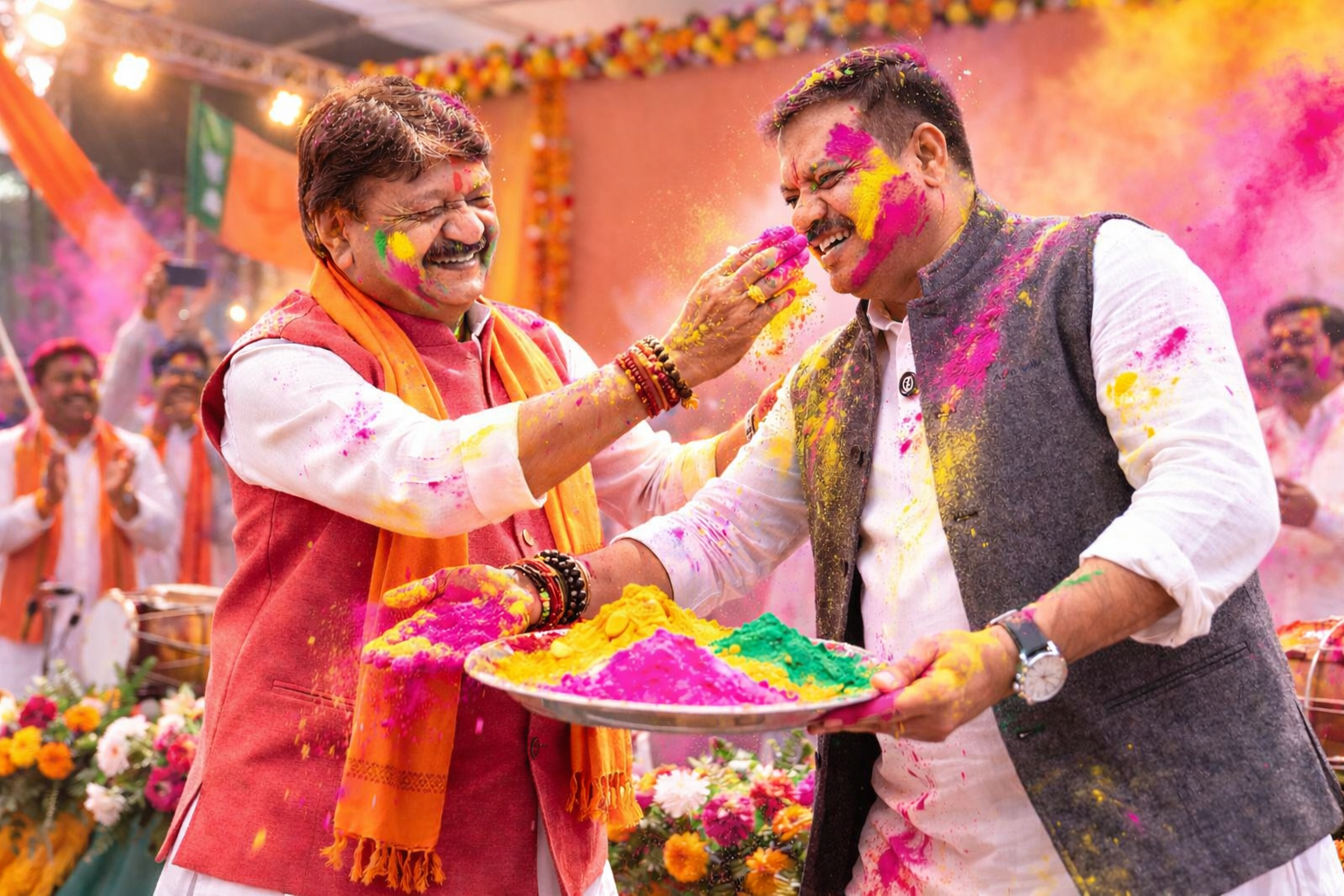 एआई जनरेटेड इमेज - ‘औकात’ कांड के बार प्रेम के रंग लगाते विजयवर्गीय और उमंग सिंघार।