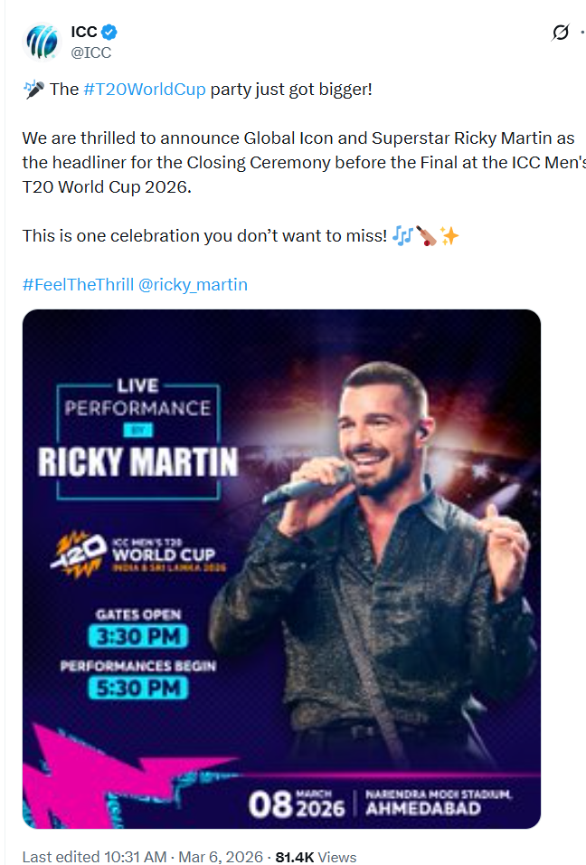 रिकी मार्टिन फाइनल से पहले होने वाली क्लोजिंग सेरेमनी के हेडलाइन परफॉर्मर होंगे।