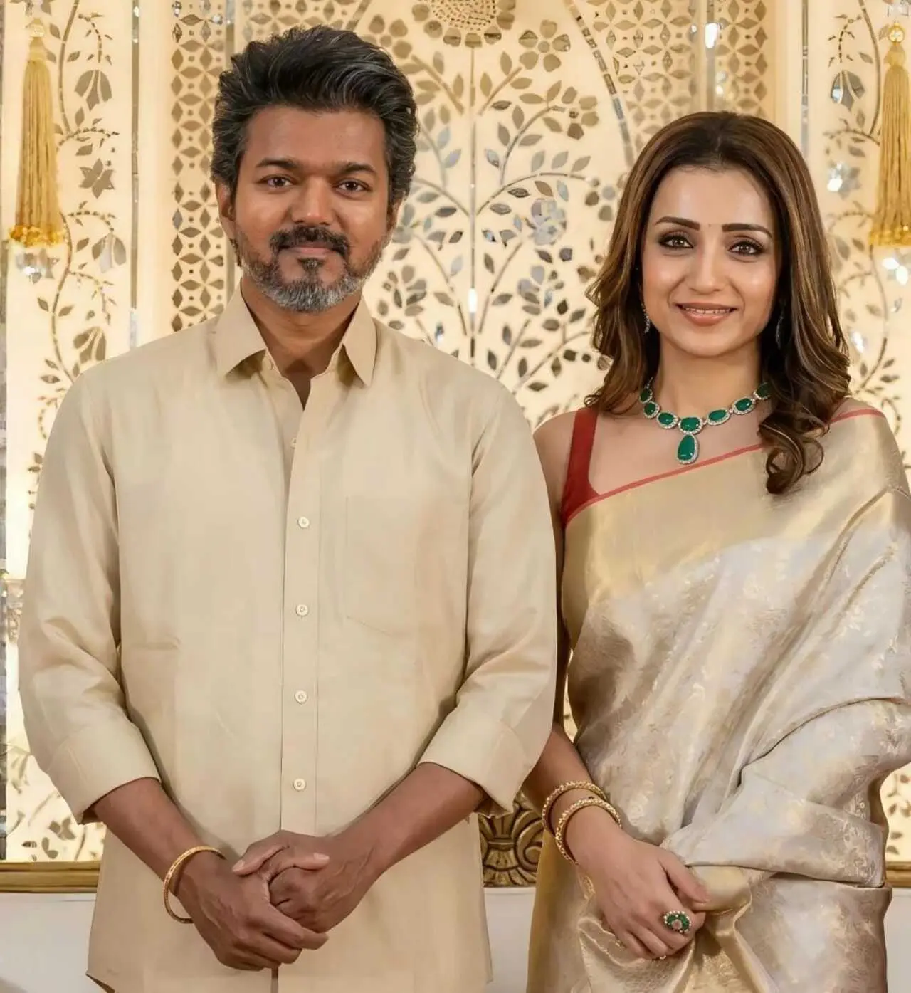 Vijay and Trisha arrived at a wedding in Chennai in matching looks.