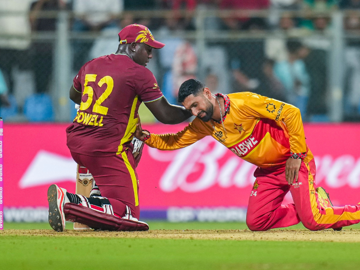 वेस्टइंडीज के रोवमन पॉवेल के शॉट पर जिम्बाब्वे के गेंदबाज सिकंदर रजा का बायां हाथ चोटिल हो गया। कुछ देर तक खेल रुका रहा। इस बीच पॉवेल रजा के पास गए। उन्होंने रजा की पीठ थपथपाई और उन्हें गले लगा लिया।