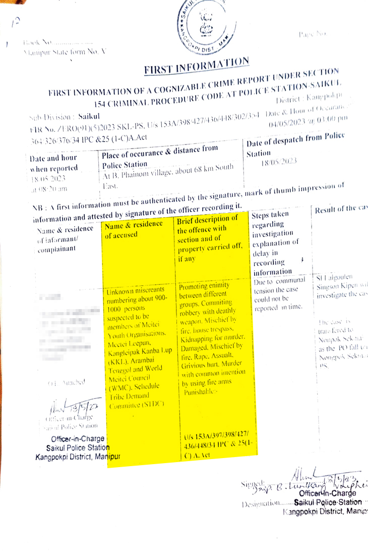 मामले की जीरो FIR 18 मई, 2023 को दर्ज की गई। इसमें मैतेई संगठनों से जुड़े 800 से 1000 लोगों को आरोपी बनाया गया। दूसरी FIR 21 जून को थौबल जिले में दर्ज की गई।