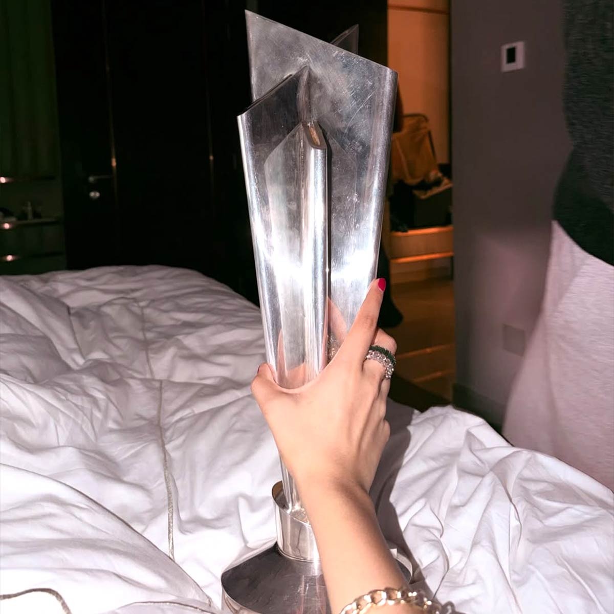 рдПрдХ рддрд╕реНрд╡реАрд░ рдореЗрдВ рд╡реЛ рдмреЗрдб рдкрд░ рд╣рд╛рдереЛрдВ рдореЗрдВ рд╡рд░реНрд▓реНрдб рдХрдк рдЯреНрд░реЙрдлреА рдкрдХрдбрд╝реЗ рд╣реБрдП рджрд┐рдЦ рд░рд╣реА рд╣реИрдВ, рдЬрд┐рд╕рд╕реЗ рд╕рд╛рдл рдЬрд╛рд╣рд┐рд░ рд╣реИ рдХрд┐ рдИрд╢рд╛рди рдиреЗ рдЬреАрдд рдХреА рдЦреБрд╢реА рдореЗрдВ рдЧрд░реНрд▓рдлреНрд░реЗрдВрдб рдХреЗ рд╕рд╛рде рдлреЛрдЯреЛ рд╢реЗрдпрд░ рдХреА рд╣реИред